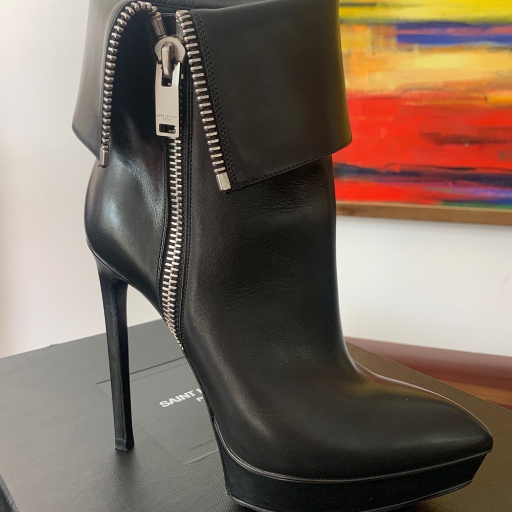 Saint Laurent Paris Janis Black Zip Platform Ankle Boots 37/7 Totally Slimane!!